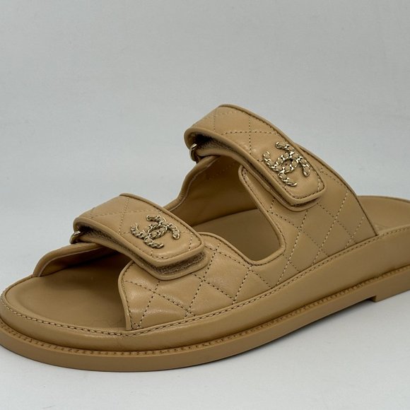 CHANEL 24P 2024 Quilted Leather CC Logo Flat Slide Dad Sandals Shoes Beige - Picture 5 of 16